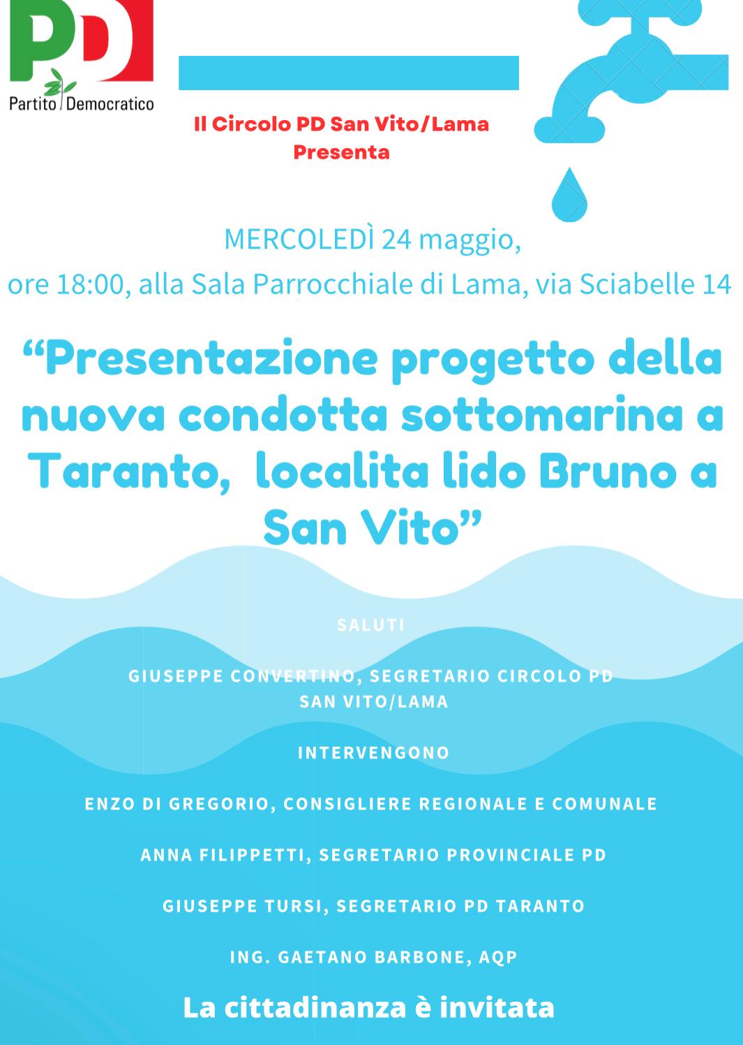 Nuova condotta sottomarina a Taranto, tempi e costi del progetto. Dibattito a Lama